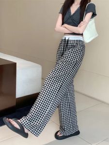 Retro Black White Plaid Wide Leg Pants Womens Spring Summer Thin High Waist Loose Casual Drapey Elastic Floor Length Trousers