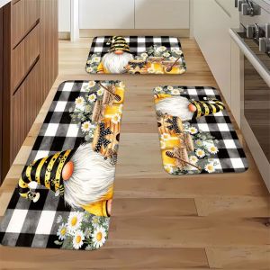 VIKAMA Bee Gnome Kitchen Mat Set Black White Checkered Daisy Honey Pattern Non Slip Absorbent Floor Rug Spring Summer Kitchen