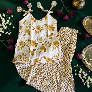 HEAT FRIENDLY Kids Sharara Sleeveless Punjabi Suit Floral Rajasthani Motives Soft Cotton for Baby Girls and Kids