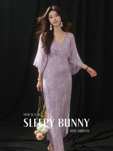 Mandarin V-Neck Embroidered Batwing Sleeve Chiffon Dress