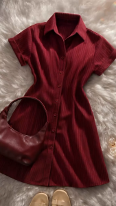 DRESS KEMEJA PREMIUM A-LINE | Dress Maroon Elegan Kantoran Kasual Korea Look – Nyaman Dipakai Seharian