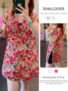 Shalldoer | Áo sơ mi nữ cổ chữ V dài vừa phải có tay lửng thiết kế bên hông thời trang mùa hè giảm tuổi tác phong cách thường ngày