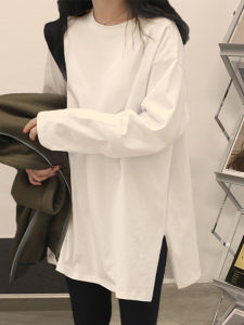 เสื้อยืดแขนยาวผู้หญิงผ้าฝ้ายแท้ ทรงหลวม คอกลม ปกติ ลำลอง สีสันสดใส เสื้อชั้นในฤดูใบไม้ผลิ ฤดูใบไม้ร่วง ฤดูหนาว