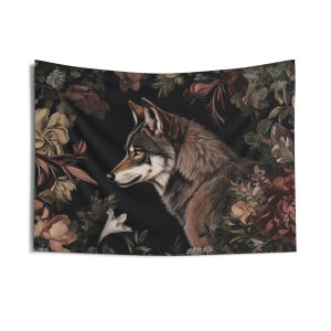VIKAMA Dark Retro Wolf Flower Tapestry Black Background Forest Wolf Fabric Dark Black Wind Decoration Room Decoration