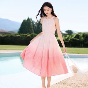 XIANGYING | Đầm Halter Màu Hồng Ombre Phong Cách Mùa Hè Cho Kỳ Nghỉ