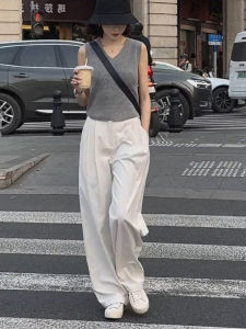 White Loose Wide Leg Pants Womens Autumn New Thin High Waist Draping Floor-Length Pants Elegant Versatile Casual Trousers