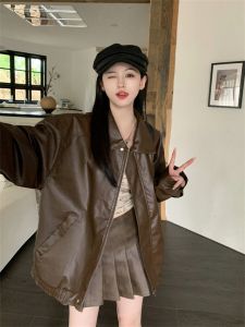 เสื้อแจ็คเก็ต PU หนังสีพื้นสไตล์ฮิปฮอปสำหรับผู้ชายและผู้หญิง สไตล์อเมริกันย้อนยุค แจ็คเก็ตมอเตอร์ไซค์ ฤดูใบไม้ร่วง 2025