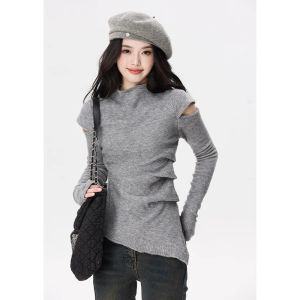 Mock Neck Sweater Womens Fur Inner Wear Autumn Winter Sweater off-the-Shoulder Bottoming Shirt Asymmetrical Outwear Design Blouse