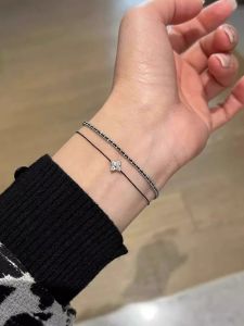 Black Four Leaf Clover Woven Bracelet for Women Elegant Minimalist High-End Feeling Hand Cord Stackable Summer Fashion Jewelry