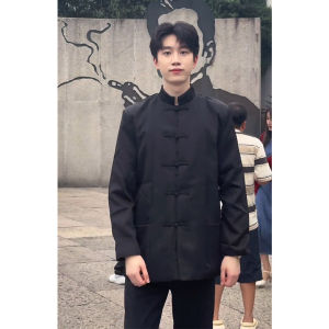 New Chinese Mens Chinese Style Shirt Mens Summer Fancy Buckle Stand Collar Long Sleeves Shirt Improved Hanfu Outwear