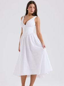 House of French Hepburn Style Pure Desire Deep V Neck Bows Waist-Tight Slim Looking Vacation Seaside Sling Dress