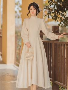 Plus Size Chic French Style Womens Dress for Spring Autumn Winter with Long Sleeves and High Waist A-Line Skirt