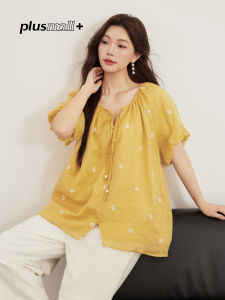 plusmall | Floral Linen Short Sleeve Shirt with Embroidery and Ruffled Sleeves