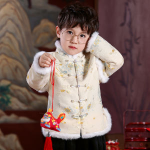New Year Outfit Set Thickened Fleece Childrens Tang Suit Boys Celebration Winter Clothing Red Colorful Embroidery for Kids