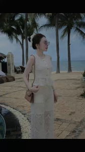 Set đồ nữ dự tiệc áo ren sát nách cổ tròn mix quần ren suông dài NEWFASHION99