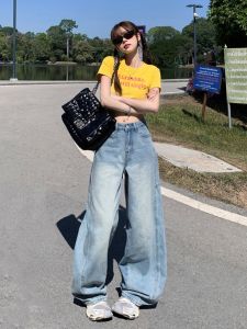 กางเกงยีนส์ทรงหลวมเอวสูง ฤดูใบไม้ผลิและฤดูร้อน กางเกงขายาวผู้หญิง กางเกงขายาวทรงหลวมสไตล์ไฮสตรีท เอวสูง กางเกงยีนส์ทรงยาว LRU2025