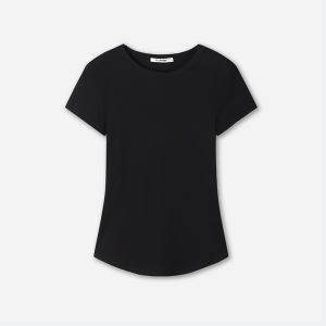 W.Amber round Neck Short Sleeve Knitted T-Shirt Womens Summer New Style Slimming Shoulder Pure Color Casual Cotton Blend Top