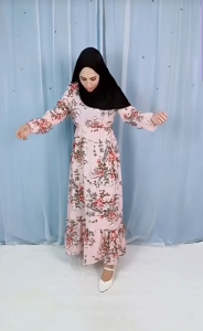【NYDIA FASHION】DRESS RETRO Bercorak Bunga Leher Bulat Pinggang Bergetah Muslimah Set
