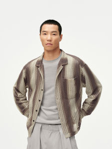 Summer Gradient Weave Stripe Grid Breathable Retro Cuban Collar Long Sleeve Shirt Men