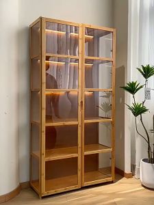 Display Cabinet 2 Doors 4/5 Layers Three Sided Transparency Display Organizer Bookshelf Wooden Bookcase Cabinet shelves