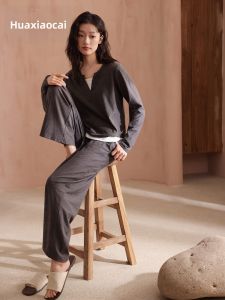 Cotton Long Sleeve Round Neck Chest Pad Wearable Outside Pajamas Set