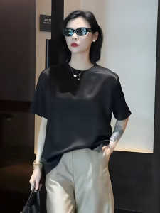 French Elegant Acetate Satin Short Sleeve Womens Top Loose round Neck Silk Blend Summer Black Color Block Commute Style