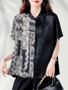 Summer New plus Size Womens Short Sleeve Printed Splicing Shirts Micro Fat Large Color Collision Top Buttoned Chiffon Shirt