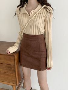 High Waist Asymmetrical PU Leather Mini Skirt for Women Black Deer Skin Velvet Wrap around Short Skirt Casual Style