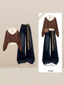 YINGKETUO | Vintage Lazy Style Layered Knitted Sweater Set with Blue Jeans