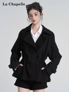 La Chapelle | Áo Khoác Peacoat Đen Thiết Kế Nếp Nhăn Dây Nịch Cúc Đôi