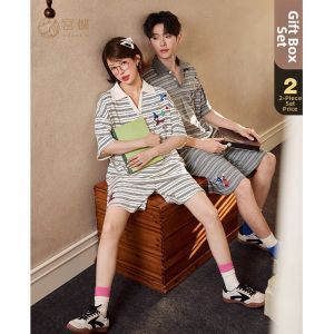 GONGDIE | Cotton Couple Mickey Cartoons Striped Sleepwear