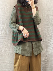 Áo Len Dệt Kim Ngắn Kẻ Sọc Cổ Tròn Thường Ngày Rộng Rãi Cỡ Lớn Thời Trang Mùa Xuân Phong Cách Retro Lười Biếng Cho Nữ