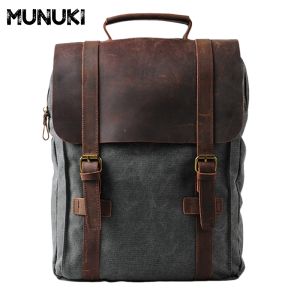 MUNUKI Vintage Male Backpack Military Canvas + Cowhide Leather School Bag For Men Rucksack Dark Grey Bag Pack Korean Style Rose Backpack For Women 6820
