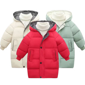 Winter childrens hooded plush cotton jacket windbreaker coat New boys and girls medium length Plush waist cotton jacket