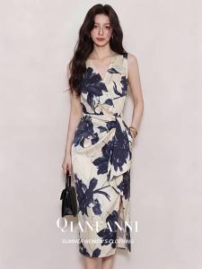QFN | Vintage Watercolor Print Sleeveless High Waist Long Dress
