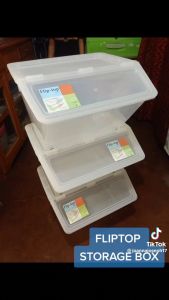 Flip top storage box clear plastic stackable organizer for space saving storage