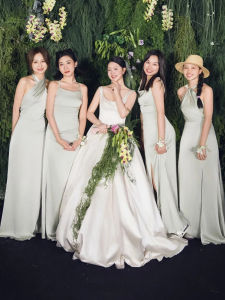 Green Maidsmaid Dress Satin Fabric Summer New Style French Elegant Feel Long Sleeve Bridesmaid Gown Sister Group Party Wear
