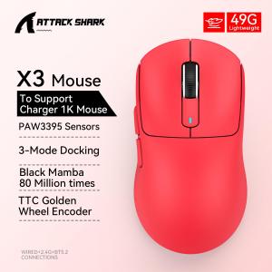 X3 Gaming Mouse Wireless ATTACK SHARK Red Color 4K ReturnsBluetooth Tri-Mode ConnectionPAW3395Macro Bluetooth Mouse Gaming