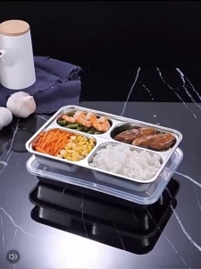Khay cơm inox 304 4/5 ngăn kích thước 33*23 cao 4cm cho người lớn công nhân trẻ nhỏ có nắp