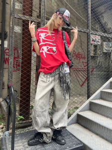 American Street Short Sleeve T-Shirt Womens Summer New Arrival Eyes Print Pure Cotton Tee Loose Heavy Weight Half Sleeve Red Tops