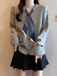 Elegant V-Neck Knitted Cardigan Womens Early Autumn New Style Grey Long Sleeve Scarf Wrap High-End Feelings Sweater Top