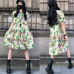 Elegant High Waist Floral Print A-Line Midi Dress European Style Summer New Arrival Thinming Thin Cotton Gored Skirt Dress