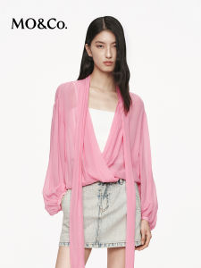 MO&Co. | Chiffon Organza Blouse with Deep V-neck Crossed-front and Sash