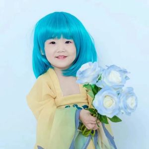 Kids Wigs Girls Pink  Blue Azure Short Bob Hair Toupee Caps Children Perform Cosplay Show Photo Headgear Baby Hoods Headgear 45cm for Teenager 2 3 4 5 6 7Year 儿童表演假发全头套