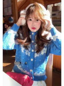 BINKAFENNY | Blue Fair Isle Knit Sweater Coat Womens Autumn Winter Lazy Style Unique Beautiful Soft Knitted Open Cardigan Top