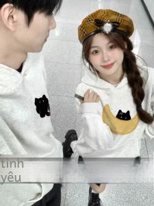 Couples Hoodie Spring Autumn Lightweight Outerwear Cotton Blend Fabric Long Sleeve Printed Casual Comfortable Korean Style