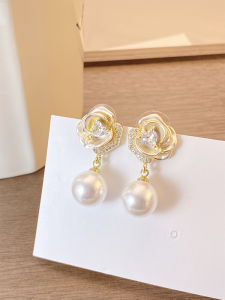 Zircon Rose Pearl Stud Earrings for Women Sterling Silver Needle Fancy Earrings 2024 New Arrival Best Selling Tide Graceful Earrings