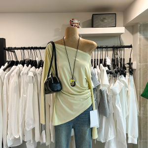 Slim Fit Yellow T-Shirt Womens Casual Style Long Sleeve Asymmetrical Design Autumn Collection Comfortable Breathable Material