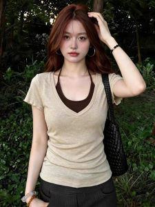 LANMENGYA | Layered Design V-Neck T-Shirt Half Sleeve