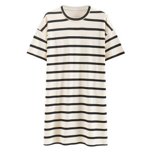 Miiow | Pure Cotton Summer Sleep Dress Womens Short Sleeve Striped Simple New 2025 Model With Chest Pad Home Leisure Comfortable